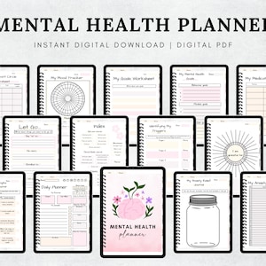May include: A collection of digital mental health planners displayed on tablets. The planners include worksheets for mood tracking, goal setting, and anxiety relief. The title "MENTAL HEALTH PLANNER" is at the top. The image is a digital download.