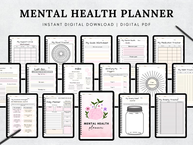 May include: A collection of digital mental health planners displayed on tablets. The planners include worksheets for mood tracking, goal setting, and anxiety relief. The title "MENTAL HEALTH PLANNER" is at the top. The image is a digital download.