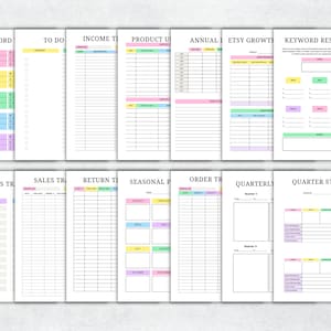 May include: A printable Etsy shop planner with colorful tabs and sections for tracking passwords, to-do lists, income, product inventory, annual expenses, Etsy growth, keyword research, sales, returns, seasonal products, orders, quarterly reports, and quarterly stats.