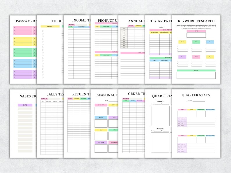 May include: A printable Etsy shop planner with colorful tabs and sections for tracking passwords, to-do lists, income, product inventory, annual expenses, Etsy growth, keyword research, sales, returns, seasonal products, orders, quarterly reports, and quarterly stats.