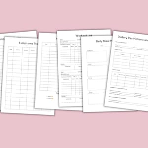 Pu&ograve; includere: Un set di tracker di fitness stampabili per registrare allenamenti, sintomi, pasti giornalieri e restrizioni alimentari e allergie. I tracker sono in bianco e nero e hanno un design semplice.