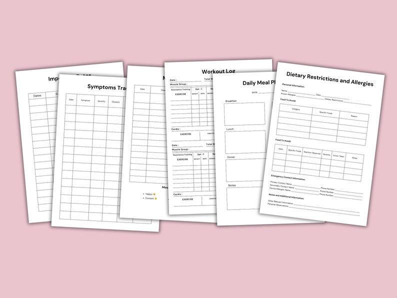 Pu&ograve; includere: Un set di tracker di fitness stampabili per registrare allenamenti, sintomi, pasti giornalieri e restrizioni alimentari e allergie. I tracker sono in bianco e nero e hanno un design semplice.