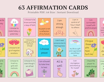 63 Karty afirmacji do wydrukowania, Karty afirmacji cyfrowe, Tablica wizualizacji do wydrukowania, Talia kart afirmacji, Karty pozytywnych afirmacji w formacie PDF