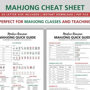 Hoja de referencia de Mahjong imprimible, Guía rápida de Mahjong americano, Referencia de reglas de Mahjong, Guía de enseñanza de Mahjong para principiantes, Referencia para la mesa