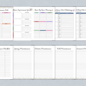 May include: Printable checklist pages with floral borders. The pages are divided into sections for maintenance jobs, home improvement goals, room by room planning, space de-cluttering, closet de-cluttering, maintenance checklist, spring maintenance, winter maintenance, fall maintenance, and summer maintenance.