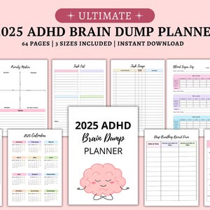 Może przedstawiać: Drukowany planer stworzony dla osób z ADHD. Planer zawiera kalendarz, listy zadań, macierz priorytetów, dziennik poziomu cukru we krwi, formularz do rejestrowania głębokiego oddychania i listę leków. Planer jest ozdobiony animowanym mózgiem medytującym. Tekst na okładce brzmi "2025 ADHD Brain Dump Planner".