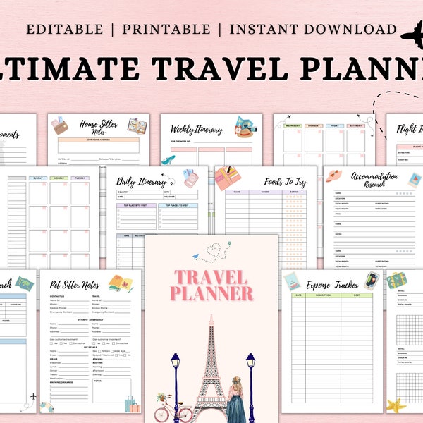 Editable Travel Planner Template,Trip Itinerary Planner, Travel Journal, Canva Vacation Planner, Holiday Planner, A4, Letter, A5