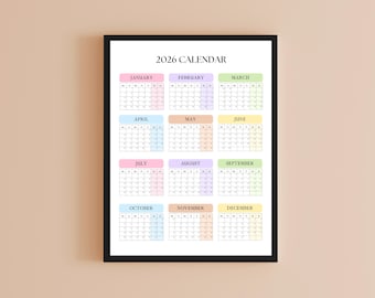 2026 Year At A Glance Wall Calendar, Large Printable Poster Calendar, Minimalist One Page Yearly Planner for Home Office, Instant Download