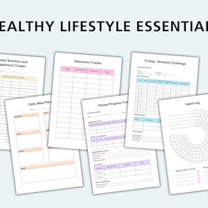 May include: A set of printable worksheets for tracking healthy lifestyle habits. The worksheets include sections for weekly nutrition and supplement tracking, relocation tracking, a 15-day workout challenge, daily meal planning, fitness progress tracking, a habit log, and a monthly habit tracker.