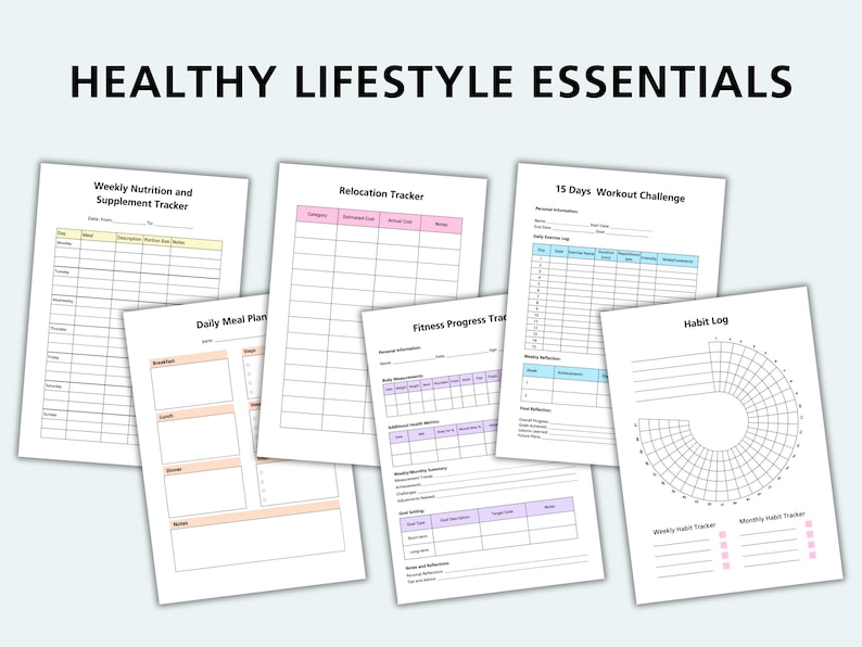 May include: A set of printable worksheets for tracking healthy lifestyle habits. The worksheets include sections for weekly nutrition and supplement tracking, relocation tracking, a 15-day workout challenge, daily meal planning, fitness progress tracking, a habit log, and a monthly habit tracker.