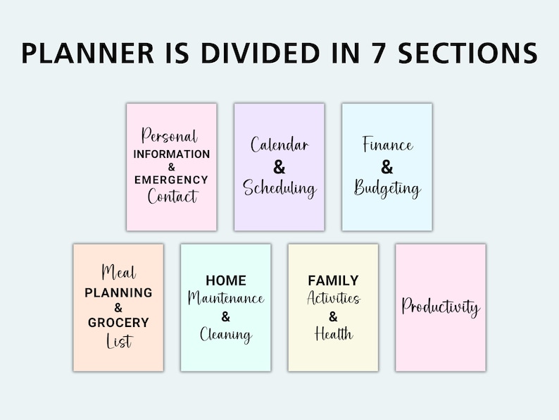 May include: A planner divided into seven sections: Personal Information & Emergency Contact, Calendar & Scheduling, Finance & Budgeting, Meal Planning & Grocery List, Home Maintenance & Cleaning, Family Activities & Health, and Productivity. Each section is labeled with a different color.