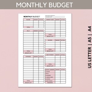 May include: A white monthly budget planner sheet with black text and pink headers. The layout includes sections for income, bills, expenses, sinking funds, savings, debt payment, and a budget summary. Text includes MONTHLY BUDGET, US LETTER, A5, and A4.