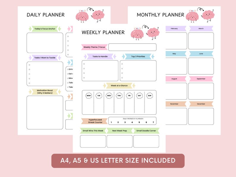 ADHD Planner Printable Bundle | Daily Weekly Monthly Planner |brain ...