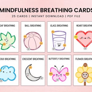 Mindfulness Breathing Cards For Kids, Mindful Breathing Activities, Techniques for Calming Anxiety with Breathing Cards, Instant Download