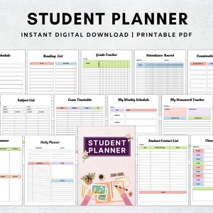 May include: A printable student planner with a colourful design. The planner includes pages for class schedules, reading lists, grade trackers, attendance records, examination schedules, weekly planners, daily planners, subject lists, exam timetables, homework trackers, and contact lists.