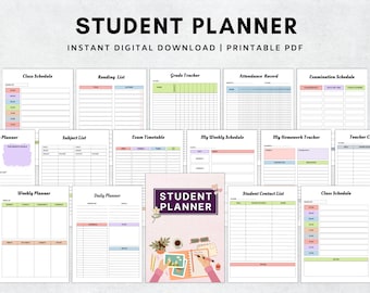 Afdrukbare studentenplannerbundel, ADHD-studieplanner, academische planner ongedateerd, middelbare schoolplanner, productiviteitsprojectplanner PDF