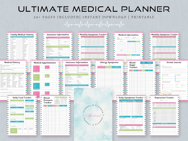 May include: A printable medical planner with 20+ pages, featuring trackers for family medical history, insurance information, monthly symptoms, medical information, allergy symptoms, blood sugar, daily food, blood pressure, daily symptoms, and depression. The planner has a pink, green, and blue color scheme.