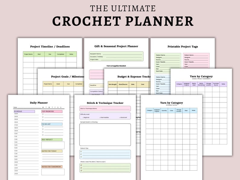 May include: A collection of printable crochet planner pages with various layouts. The pages include sections for project timelines, goals, yarn inventory, and daily planning. The title "THE ULTIMATE CROCHET PLANNER" is displayed at the top in bold, black letters.