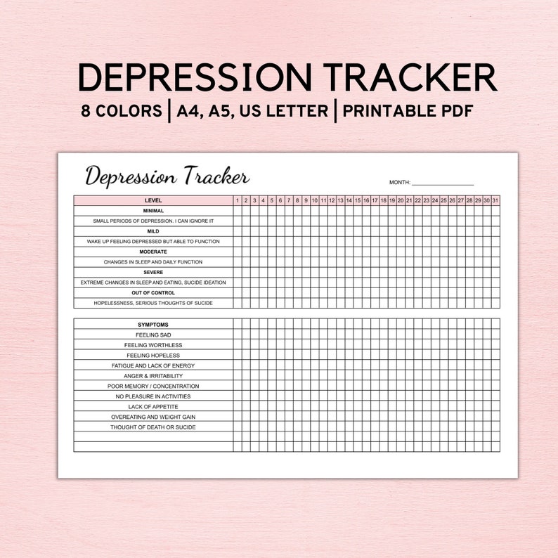 Pode incluir: Um rastreador de depress&atilde;o imprim&iacute;vel com um fundo rosa. O rastreador tem uma grade para cada dia do m&ecirc;s e uma lista de sintomas e n&iacute;veis de depress&atilde;o.