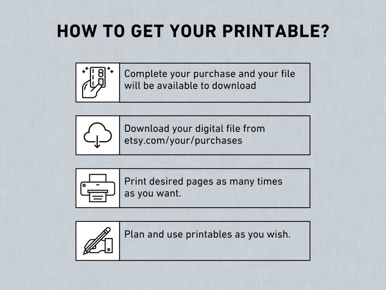 May include: A graphic with four steps on how to get your printable. The steps are: 1. Complete your purchase and your file will be available to download. 2. Download your digital file from etsy.com/your/purchases. 3. Print desired pages as many times as you want. 4. Plan and use printables as you wish.