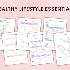 Op de afbeelding: Een set printbare werkbladen voor het bijhouden van gezonde gewoontes. De werkbladen omvatten een wekelijkse voedings- en supplementen tracker, een verhuis tracker, een 15-daagse workout challenge, een dagelijks maaltijdplan, een fitness voortgangs tracker, een gewoonte logboek en een maandelijkse gewoonte tracker.