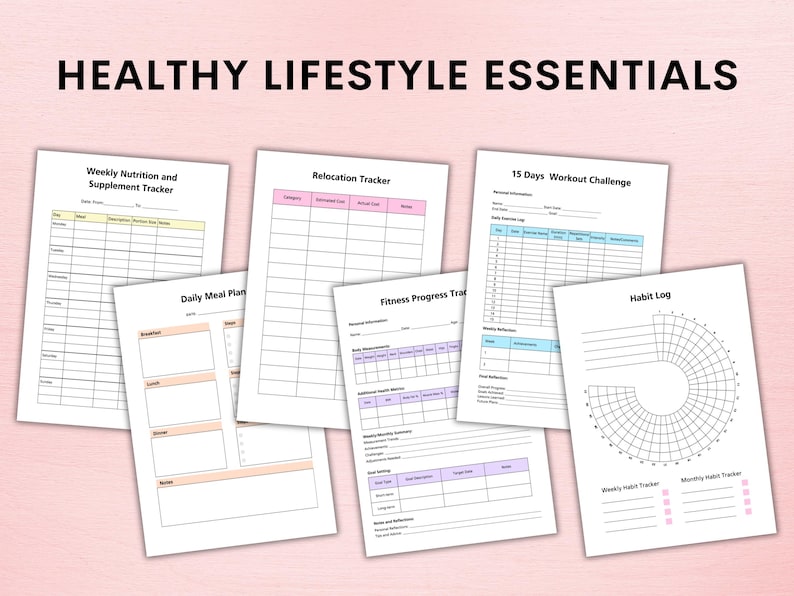 Op de afbeelding: Een set printbare werkbladen voor het bijhouden van gezonde gewoontes. De werkbladen omvatten een wekelijkse voedings- en supplementen tracker, een verhuis tracker, een 15-daagse workout challenge, een dagelijks maaltijdplan, een fitness voortgangs tracker, een gewoonte logboek en een maandelijkse gewoonte tracker.