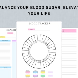 May include: Printable digital download of a blood sugar log, mood tracker, and health tracker. The mood tracker is a circle with numbers 1-31 around the edge. The health tracker has sections for category, ingredients, notes, and doctor's notes. The blood sugar log has sections for before and after blood sugar readings.
