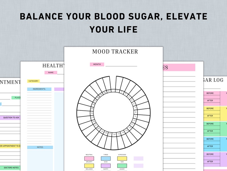 May include: Printable digital download of a blood sugar log, mood tracker, and health tracker. The mood tracker is a circle with numbers 1-31 around the edge. The health tracker has sections for category, ingredients, notes, and doctor's notes. The blood sugar log has sections for before and after blood sugar readings.