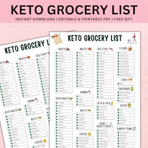 Keto Grocery List Printable, Keto Food List, Keto Tracker, Low Carb Food List, Keto Shopping List, Keto Diet Meal Plan Printable PDF