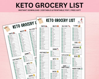Keto Grocery List Printable, Keto Food List, Keto Tracker, Low Carb Food List, Keto Shopping List, Keto Diet Meal Plan Printable PDF