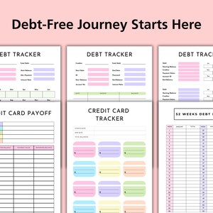 May include: A collection of printable financial planning templates. The designs include debt trackers, credit card payoff charts, and a 52-week debt payoff plan. The templates feature pastel color blocks and are designed to help users manage their finances.