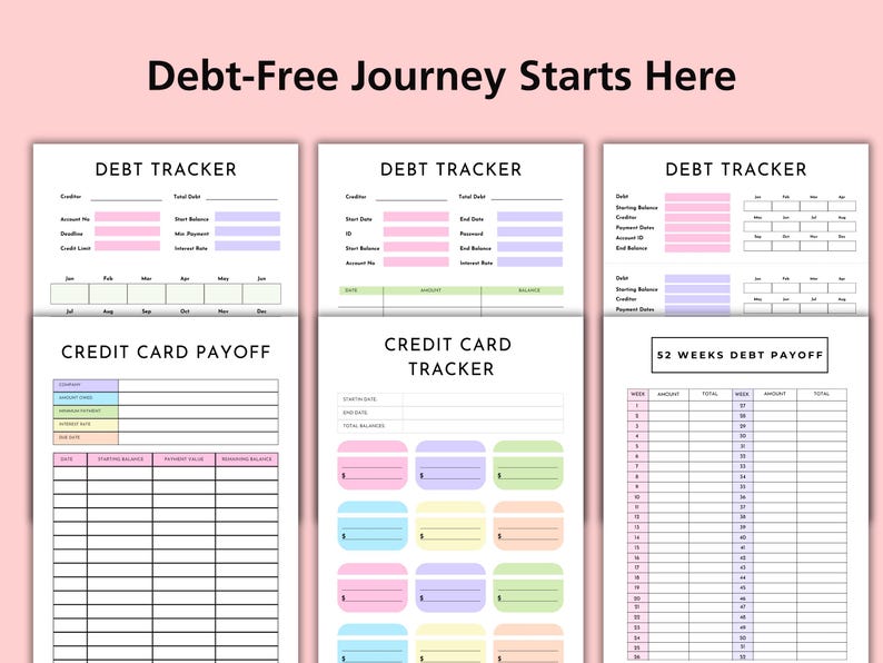 May include: A collection of printable financial planning templates. The designs include debt trackers, credit card payoff charts, and a 52-week debt payoff plan. The templates feature pastel color blocks and are designed to help users manage their finances.