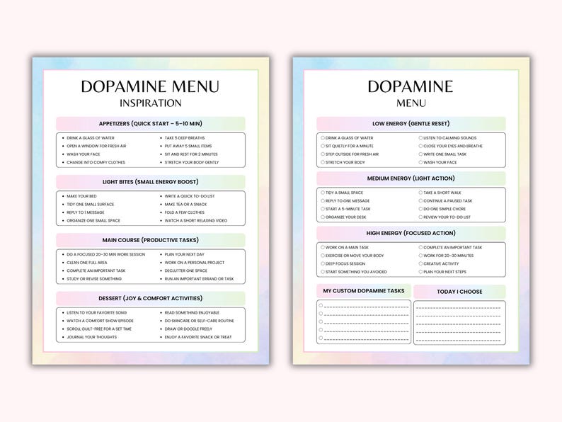 Utskrivbar dopaminmeny för ADHD | Dopaminmenypaket | ADHD-planeringssidor | Produktivitets- och vanespårare | Utskrivbar PDF för psykisk hälsa bild 3