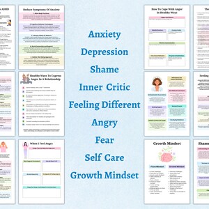 Puede incluir: Un collage de hojas de trabajo imprimibles con t&iacute;tulos como "Ansiedad", "Depresi&oacute;n", "Verg&uuml;enza", "Cr&iacute;tico interno", "Sentirse diferente", "Enojo", "Miedo", "Cuidado personal", "Mentalidad de crecimiento" y "Verg&uuml;enza y cr&iacute;tico interno". Las hojas de trabajo est&aacute;n dise&ntilde;adas para ayudar a las personas a lidiar con emociones dif&iacute;ciles y desarrollar mecanismos de afrontamiento saludables.