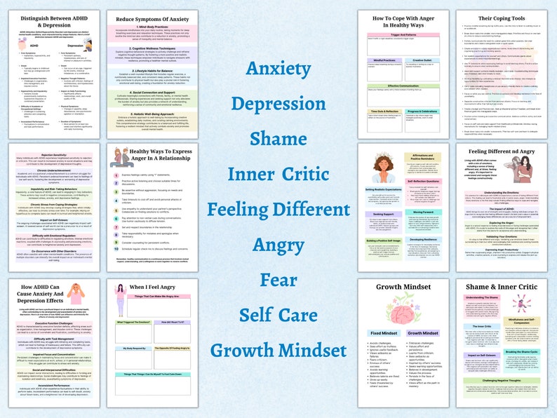 Puede incluir: Un collage de hojas de trabajo imprimibles con t&iacute;tulos como "Ansiedad", "Depresi&oacute;n", "Verg&uuml;enza", "Cr&iacute;tico interno", "Sentirse diferente", "Enojo", "Miedo", "Cuidado personal", "Mentalidad de crecimiento" y "Verg&uuml;enza y cr&iacute;tico interno". Las hojas de trabajo est&aacute;n dise&ntilde;adas para ayudar a las personas a lidiar con emociones dif&iacute;ciles y desarrollar mecanismos de afrontamiento saludables.