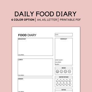 Pode incluir: Uma p&aacute;gina de di&aacute;rio alimentar di&aacute;rio imprim&iacute;vel em branco com texto e linhas pretas. Inclui se&ccedil;&otilde;es para caf&eacute; da manh&atilde;, almo&ccedil;o, jantar, calorias, treino, contagem de passos, humor com quatro express&otilde;es faciais, ingest&atilde;o de &aacute;gua e notas.