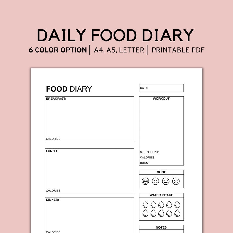 Pode incluir: Uma p&aacute;gina de di&aacute;rio alimentar di&aacute;rio imprim&iacute;vel em branco com texto e linhas pretas. Inclui se&ccedil;&otilde;es para caf&eacute; da manh&atilde;, almo&ccedil;o, jantar, calorias, treino, contagem de passos, humor com quatro express&otilde;es faciais, ingest&atilde;o de &aacute;gua e notas.