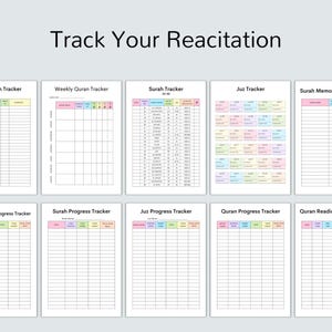 May include: A set of printable Quran trackers for daily, weekly, surah, juz, and memorization progress. The trackers are designed with a simple, clean layout and feature colorful headings.