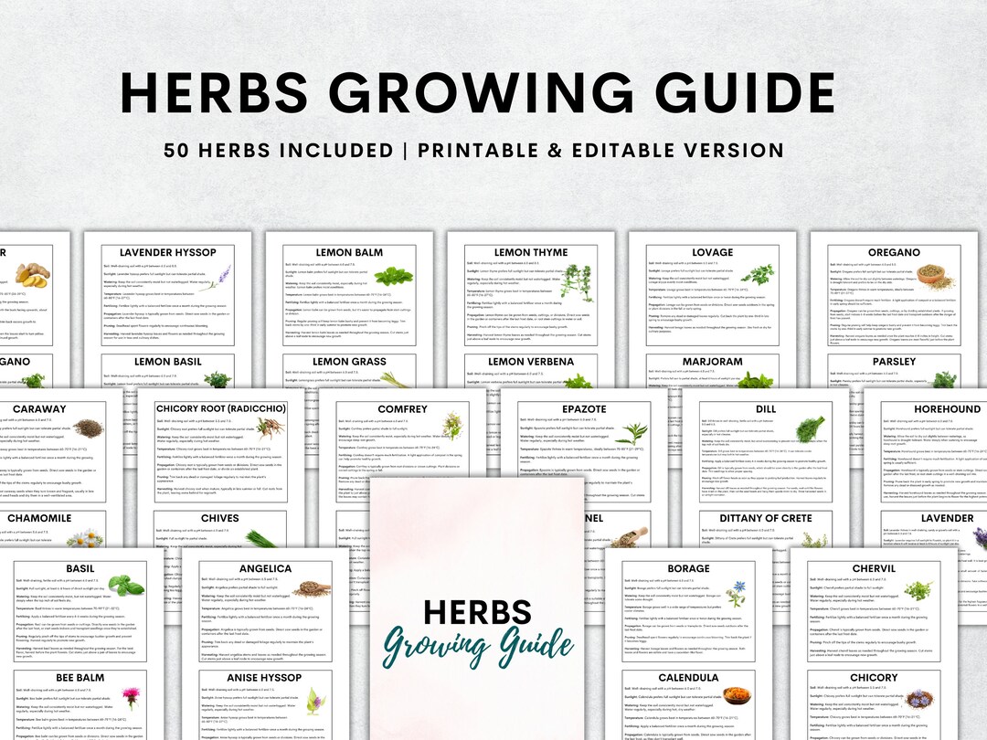 Herbs Growing Guide, 50 Printable Herbs Guide, Gardening Planner, Plant