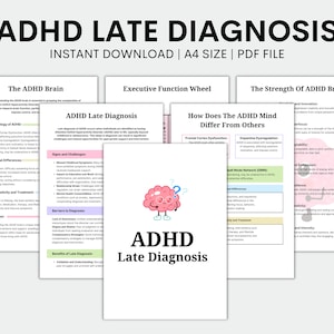 May include: A digital download of an informational document about ADHD late diagnosis. The document includes a pink brain illustration, the text "ADHD Late Diagnosis", and sections titled "The ADHD Brain", "Executive Function Wheel", "How Does The ADHD Mind Differ From Others", and "The Strength Of ADHD Brain".