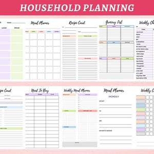 May include: A printable household planning sheet with sections for meal planning, grocery lists, weekly checklists, and weekly chores. The sheet is divided into sections with different colored backgrounds and includes headings such as "Meal Planner", "Recipe Card", "Grocery List", "Weekly Checklist", "Need To Buy", "Weekly Meal Planner", and "Weekly Chores".
