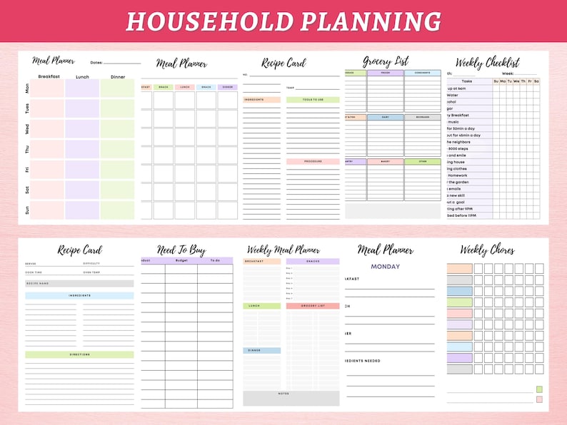 May include: A printable household planning sheet with sections for meal planning, grocery lists, weekly checklists, and weekly chores. The sheet is divided into sections with different colored backgrounds and includes headings such as "Meal Planner", "Recipe Card", "Grocery List", "Weekly Checklist", "Need To Buy", "Weekly Meal Planner", and "Weekly Chores".