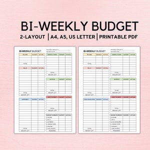 Mall för budgetplanerare för två veckor, utskrivbar lönecheckbudget, budgetmall A4 A5 brev PDF bild 1