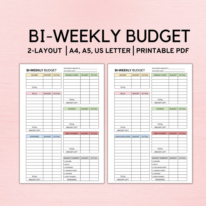 Mall för budgetplanerare för två veckor, utskrivbar lönecheckbudget, budgetmall A4 A5 brev PDF bild 1