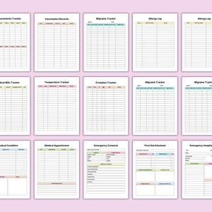 May include: A collection of printable medical trackers and logs, including measurements, vaccination records, and migraine trackers. Each page features a grid layout with headings for easy organization. The pages are bordered with pastel colors.
