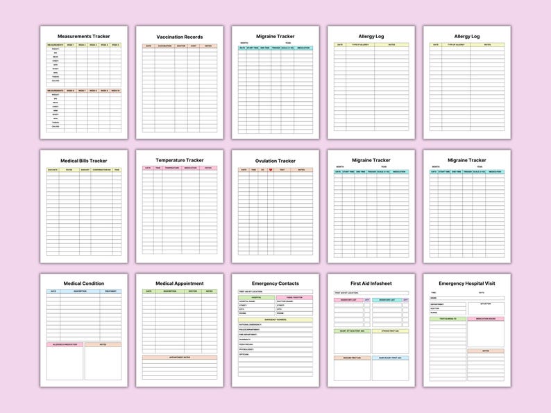 May include: A collection of printable medical trackers and logs, including measurements, vaccination records, and migraine trackers. Each page features a grid layout with headings for easy organization. The pages are bordered with pastel colors.