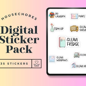 May include: Digital sticker pack with the text "Housechores". The stickers include illustrations of household tasks such as laundry, making beds, cleaning the oven, and cleaning the fridge. The pack contains 35 stickers.