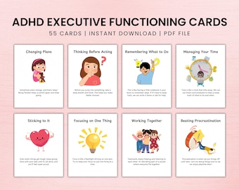 Karty do nauki funkcji wykonawczych ADHD dla dzieci | Karty do druku | Zarządzanie zachowaniem | Narzędzia do skupienia i organizacji | Wsparcie dla dzieci z ADHD