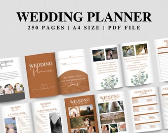 May include: A wedding planner with a brown cover and a floral design. The planner has 250 pages and is A4 size. The text on the cover says "Wedding Planner" and "250 Pages | A4 Size | PDF File".