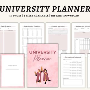 May include: A pink and white University Planner with the title at the top. The planner includes 45 pages and is available in 3 sizes. The cover features a watercolor design and illustrations of graduates.